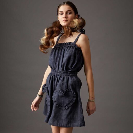Girls Denim Crepe shoulder strap top and shorts